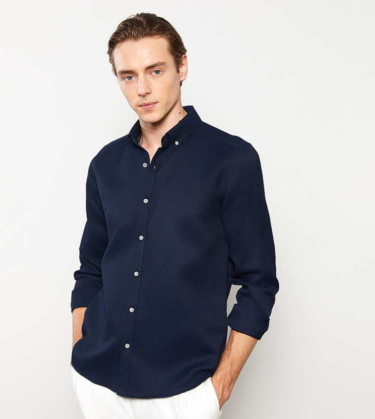 Buy LC Waikiki Slim Fit Long Sleeves Dobby Weave Shirt In Navy