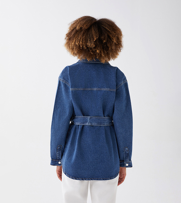 Buy LC Waikiki Shirt Collar Long Sleeves Oversized Denim Jacket In