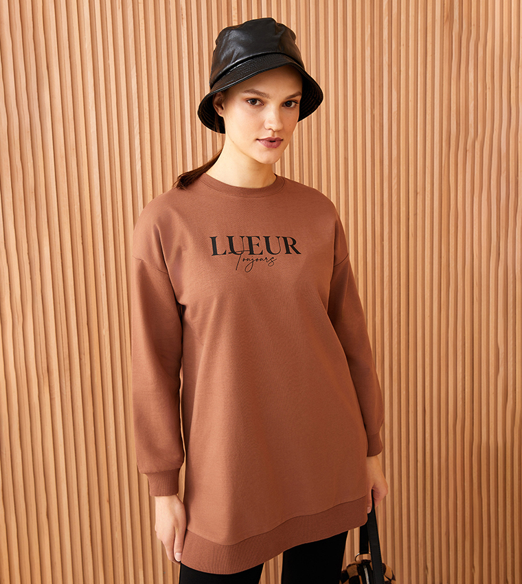 Buy LC Waikiki Printed Crew Neck Sweatshirt Tunic In Brown