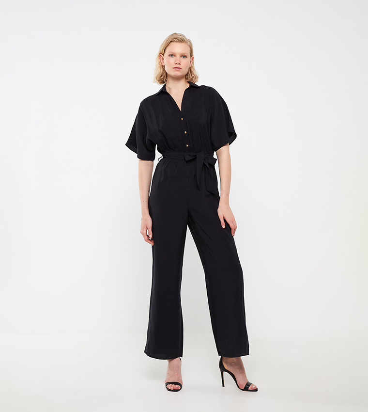 Seam Front Zip Through Denim Flare Jumpsuit