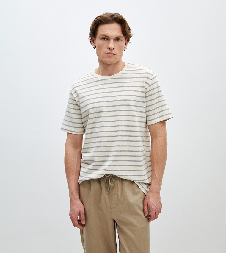Striped Crew Neck Combed Cotton T-Shirt