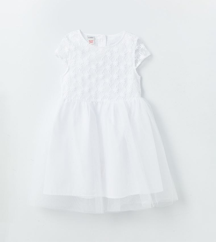 Embroidered Crew Neck Tulle Dress