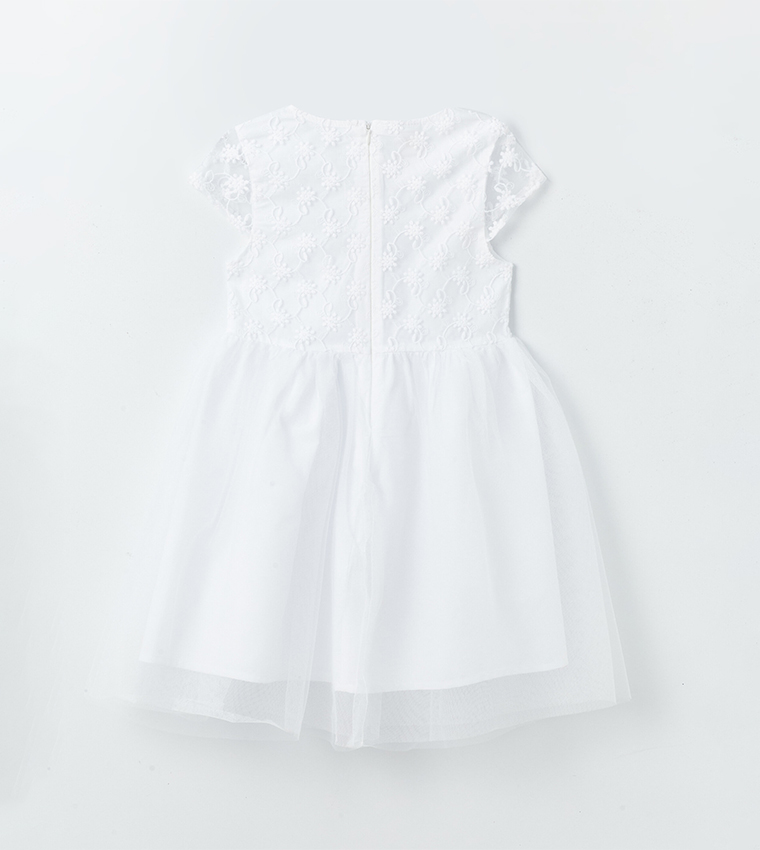 Embroidered Crew Neck Tulle Dress