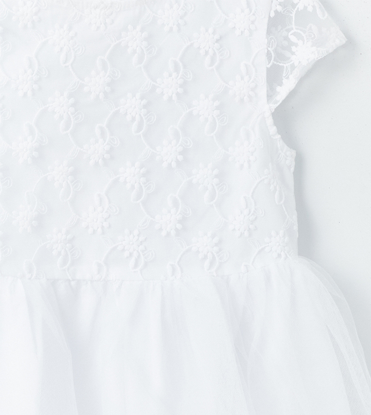 Embroidered Crew Neck Tulle Dress