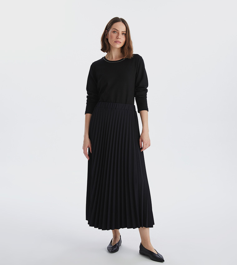 Pleated Elastic Waist A-Line Skirt