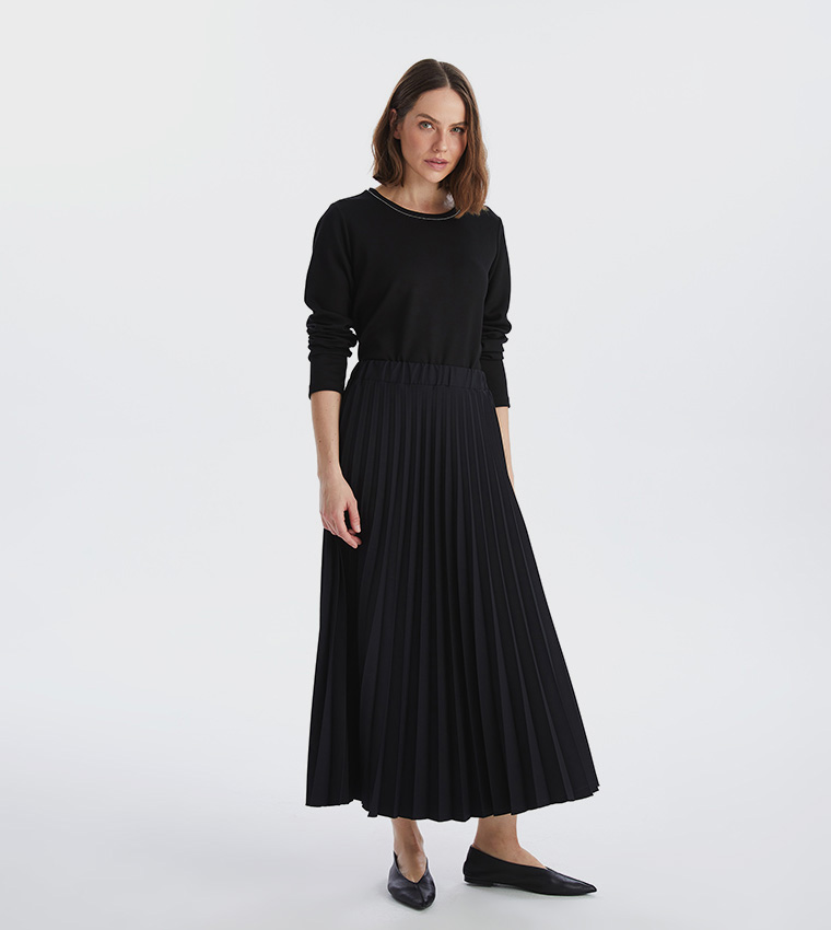 Pleated Elastic Waist A-Line Skirt