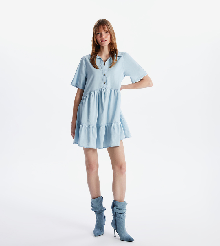 Shirt Collar Short Sleeves Denim Dress