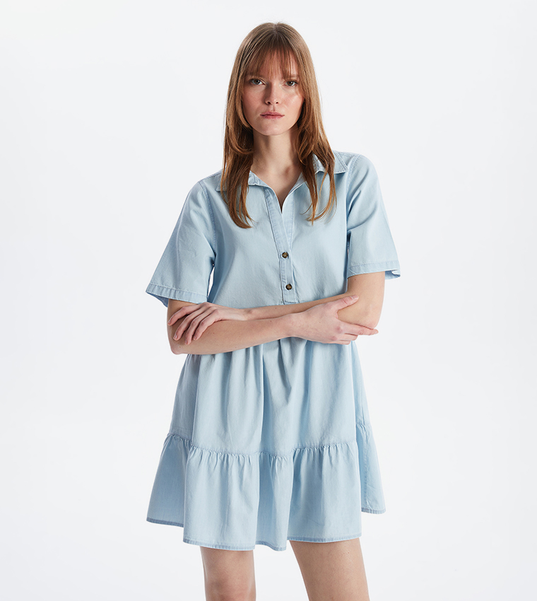 Shirt Collar Short Sleeves Denim Dress