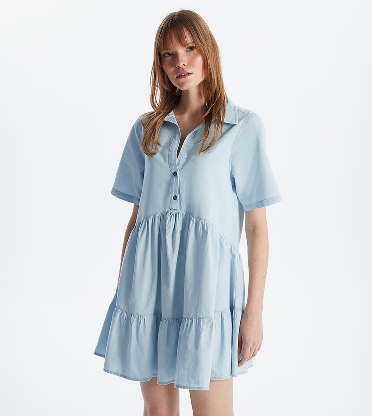 Shirt Collar Short Sleeves Denim Dress