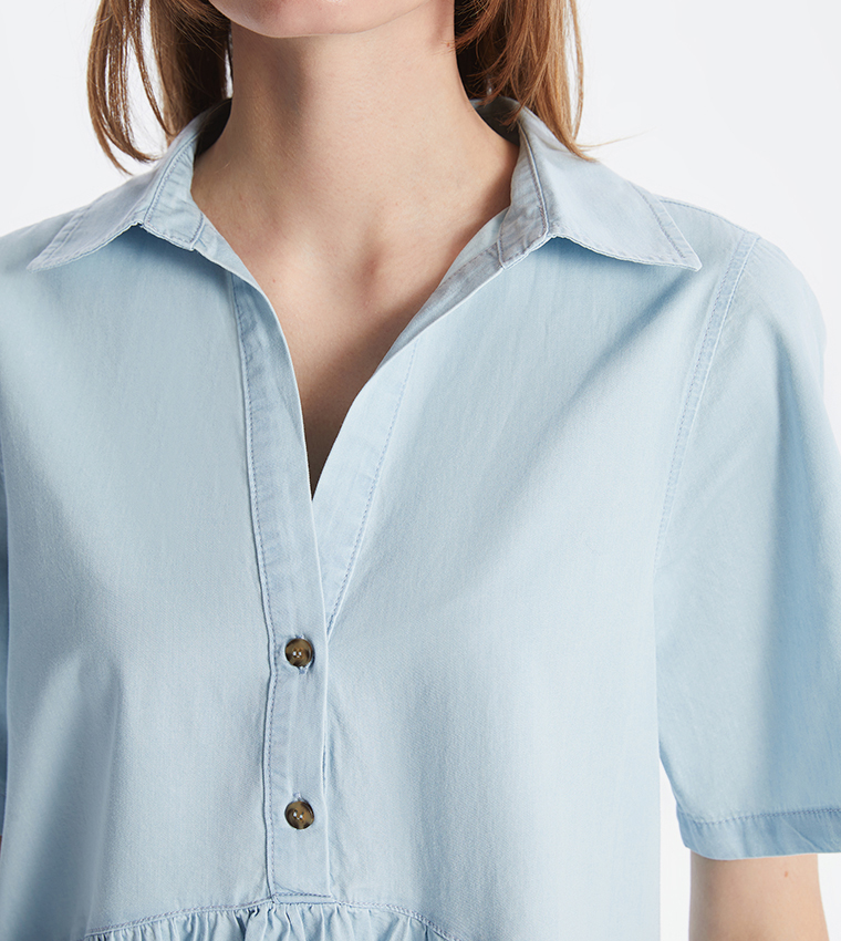 Shirt Collar Short Sleeves Denim Dress