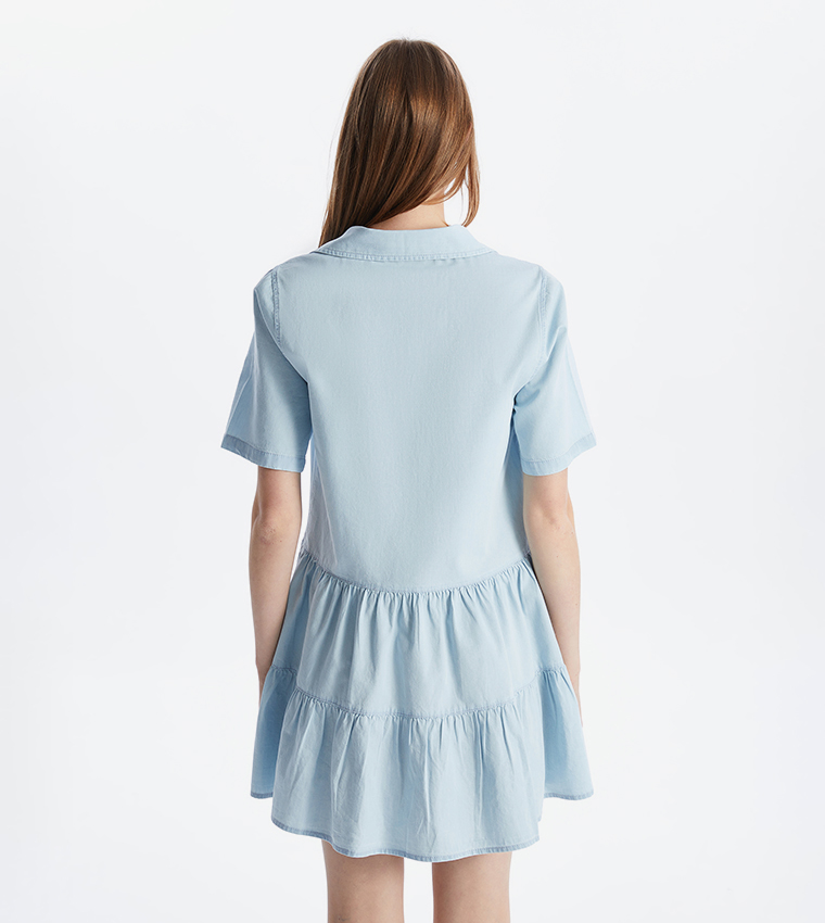 Shirt Collar Short Sleeves Denim Dress