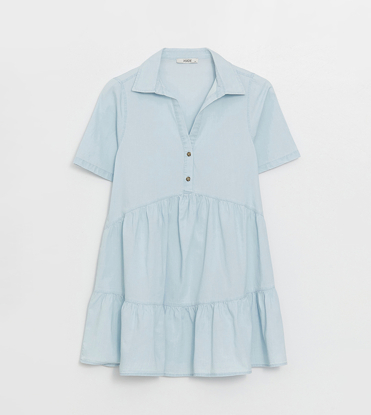 Shirt Collar Short Sleeves Denim Dress