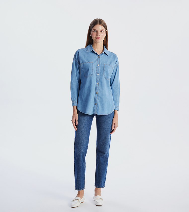 Buy LC Waikiki Long Sleeves Oversized Denim Shirt In Indigo