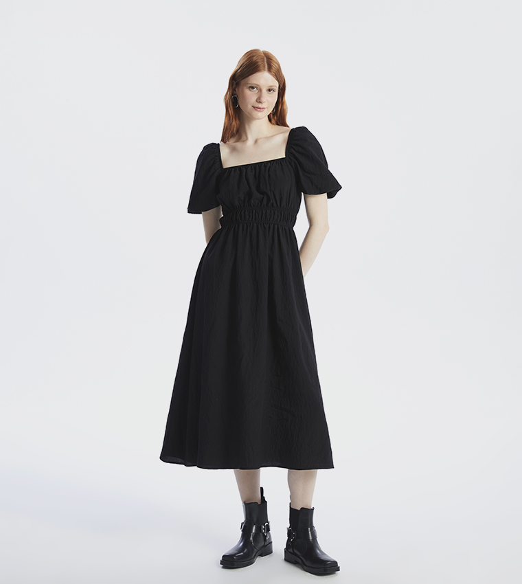 Buy LC Waikiki Crinkled Square Neck Midi Dress In Black