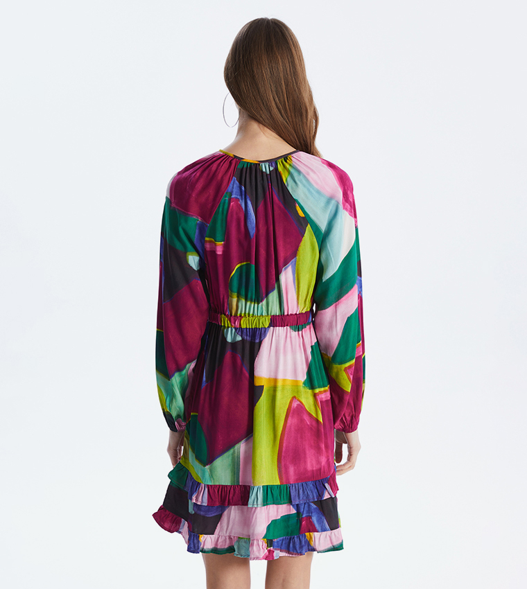 Patterned Tie Neck Long Sleeves Dress