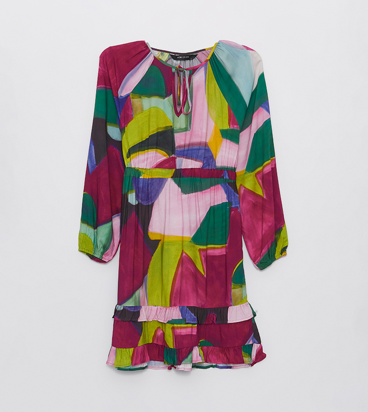 Patterned Tie Neck Long Sleeves Dress