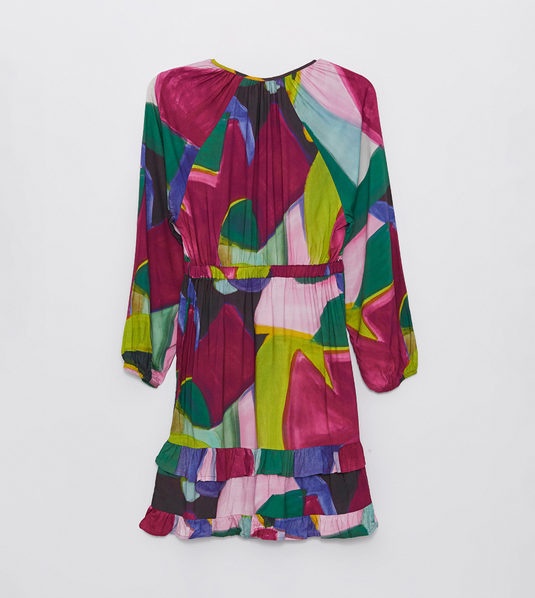 Patterned Tie Neck Long Sleeves Dress