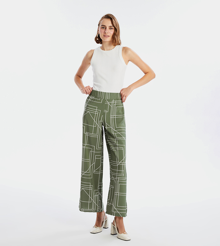 Printed Elastic Waist Wide Leg Pants