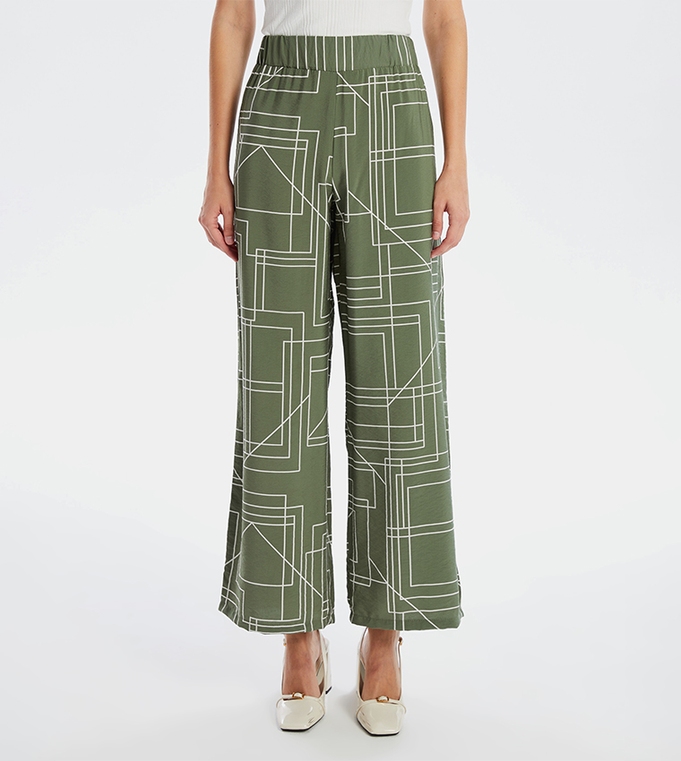 Printed Elastic Waist Wide Leg Pants