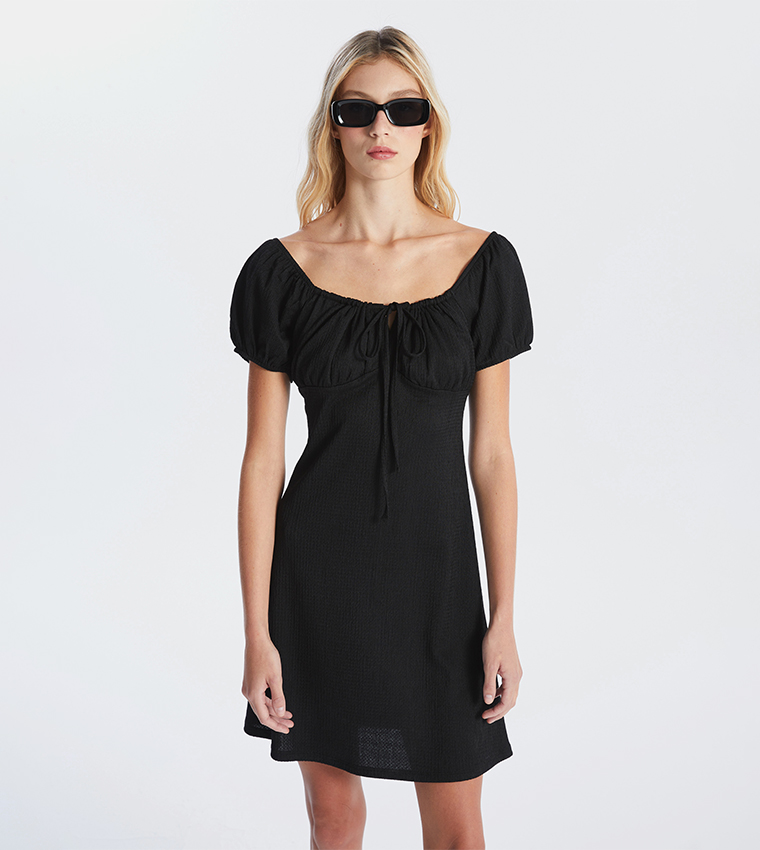 Textured Short Sleeves Mini Dress