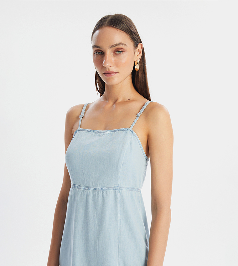 Square Neck Strappy Denim Dress