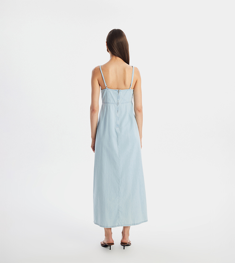 Square Neck Strappy Denim Dress