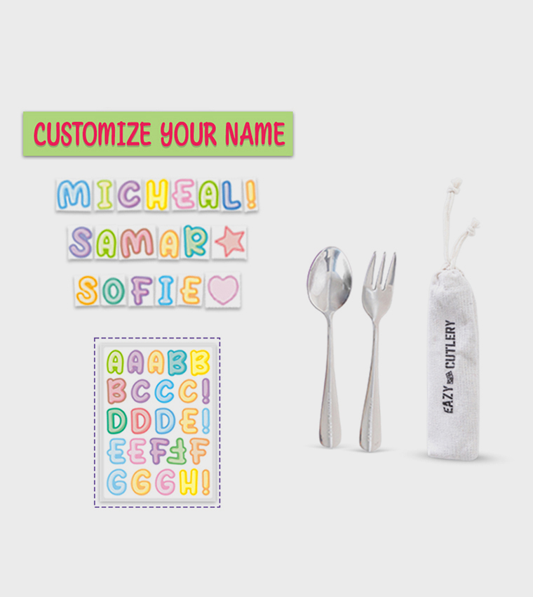 6 & 4 Convertible Bento Steel Spoon & Fork Set and Alphabets Sticker Lunch Box Set