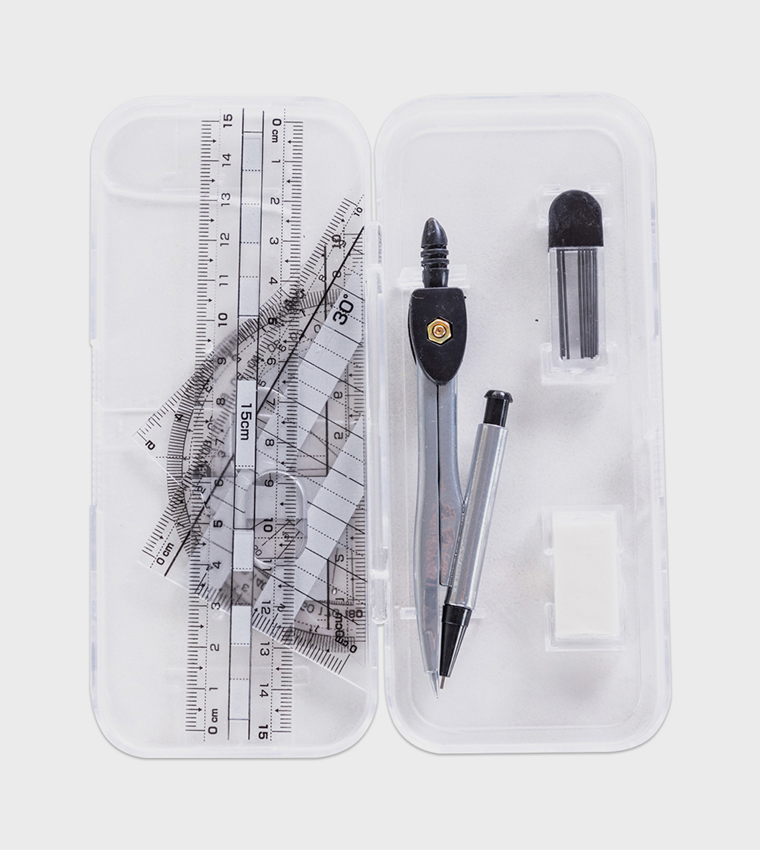 طقم هندسي مسطرة، منقلة، فرجار وممحاة - 7 قطع