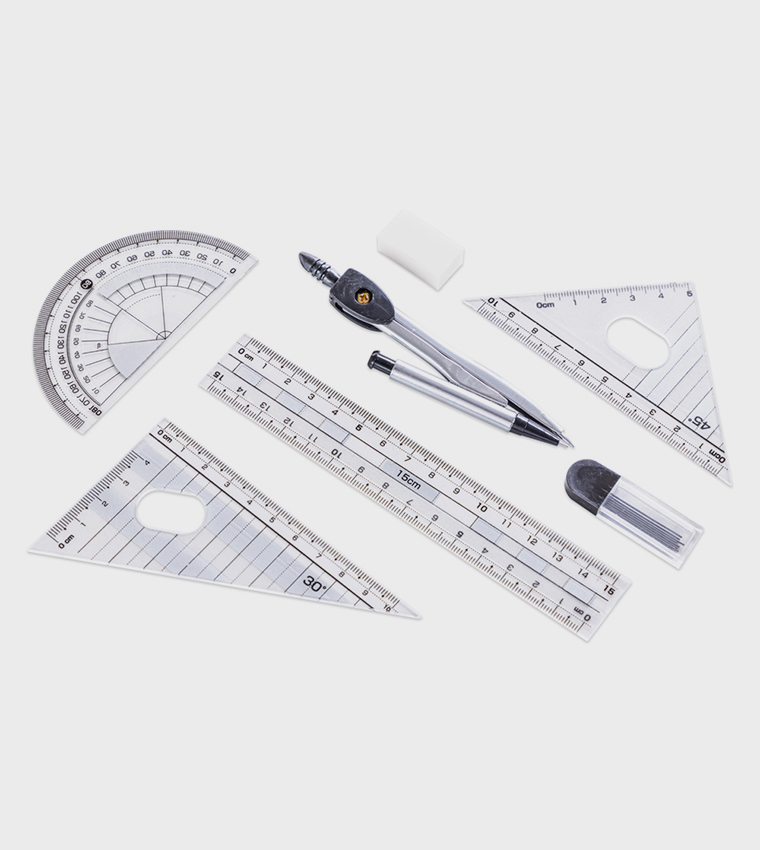 طقم هندسي مسطرة، منقلة، فرجار وممحاة - 7 قطع