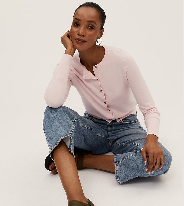 Buy Marks Spencer Crew Neck Button Front Cardigan In Pink