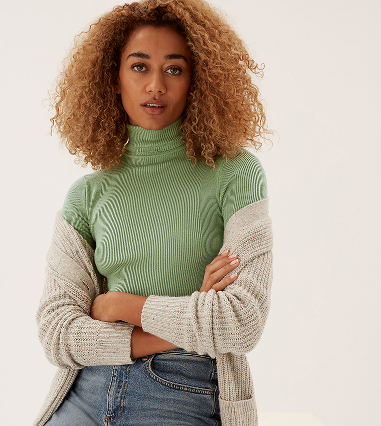 Buy Marks Spencer Ribbed Roll Neck Fitted Jumper In Green 6thStreet Oman
