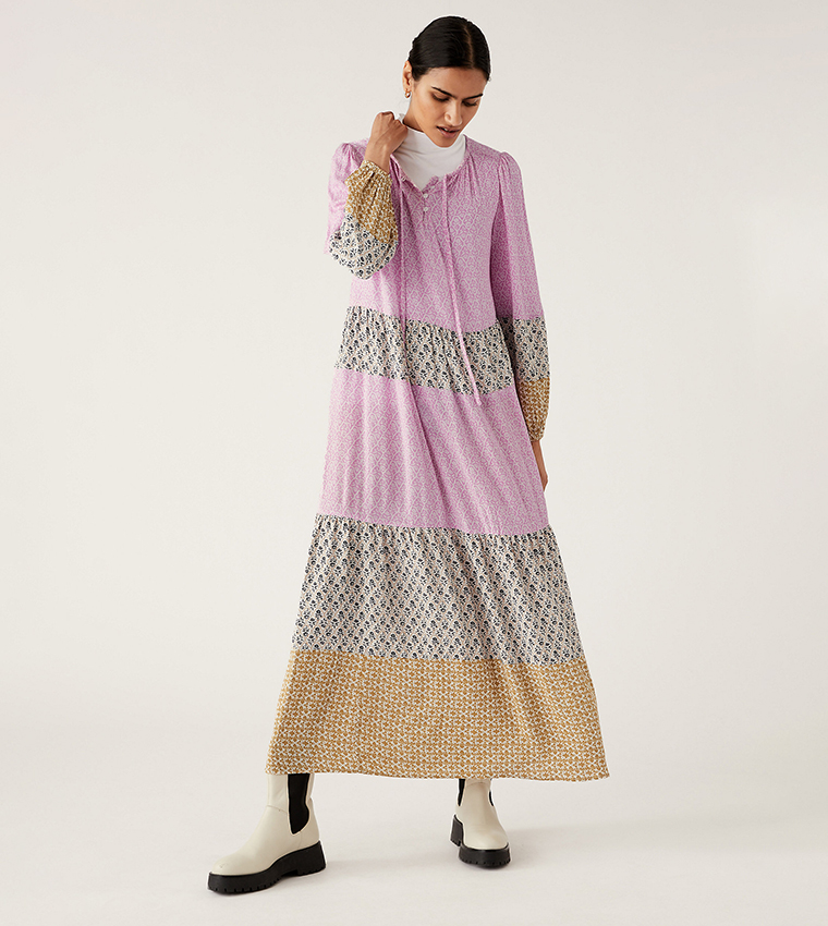 Buy Marks Spencer Printed Tie Neck Maxi Tiered Dress Regular In Pink 6thStreet Bahrain