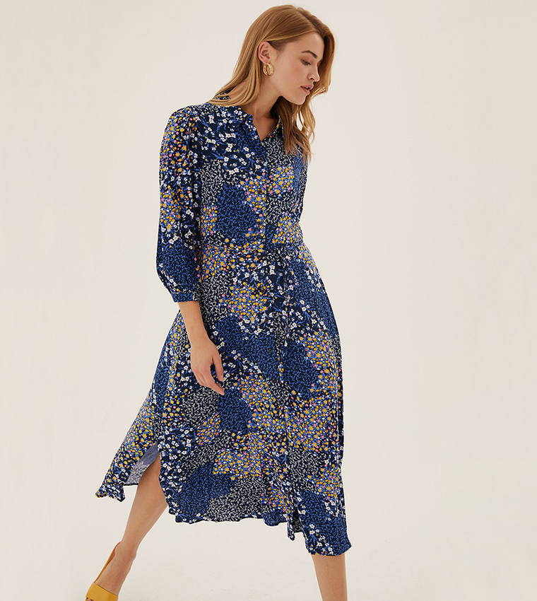 Buy Marks Spencer Floral Tie Waist Midi Shirt Dress Regular In Blue 6thStreet Kuwait