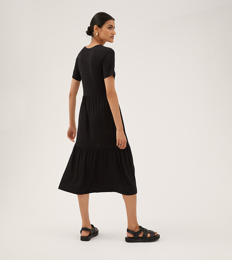 Buy Marks Spencer Jersey Round Neck Midi Tiered Dress Regular In Black 6thStreet Bahrain