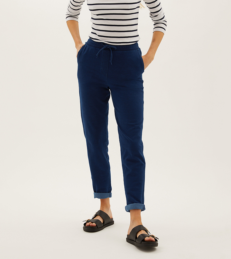 Buy Marks Spencer Jersey Denim Tapered Ankle Grazer Joggers 31 Inches Regular In Navy 6thStreet Saudi Arabia