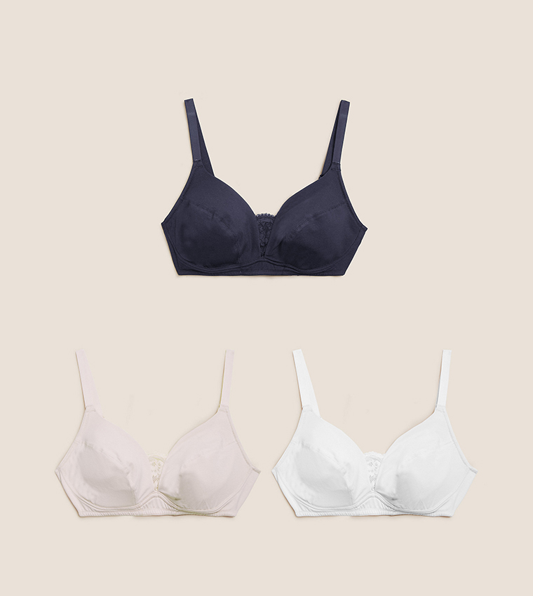Buy Marks & Spencer 3 Pack Cotton Non Wired Full Cup Bras In Multiple  Colors