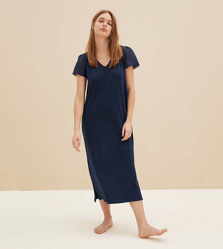 Buy Marks Spencer Broderie Trim Long Nightdress In Blue 6thStreet UAE