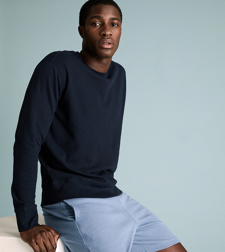 Buy Marks Spencer Cotton Supersoft Waffle Loungewear Sweatshirt In NAVY BLUE 6thStreet UAE