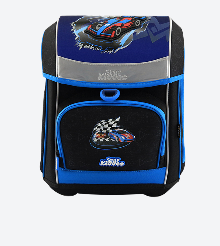 Buy Smily Kiddos Car Racing Printed Zip Pocket Fancy Backpack In Black ...