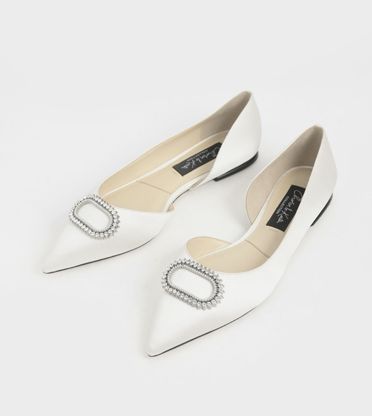 Wedding Collection Embellished Satin Ballerina Flats - White