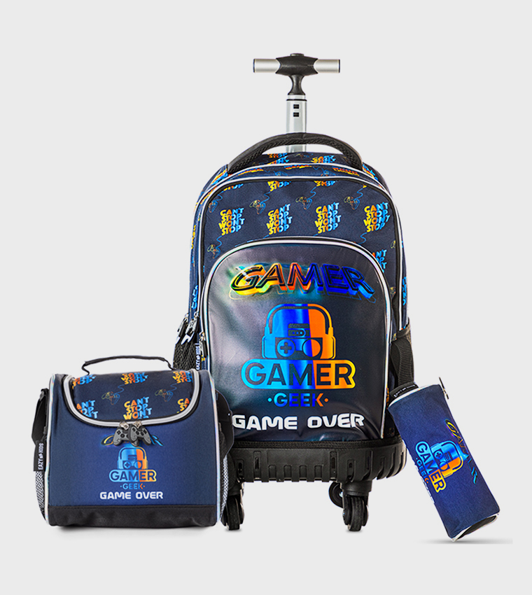 18" 4-Wheel Trolley School Bag Set with Lunch Bag and Pencil Case - Gamer Edition
