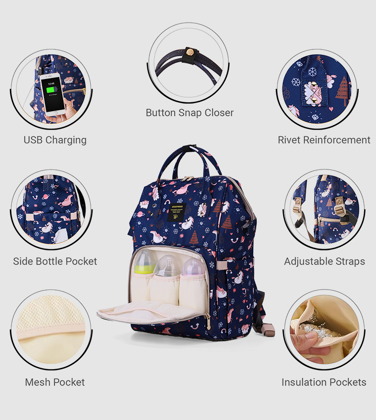 Diaper Bag with USB Charging Port and Changing Mat - Blue Dream Sky