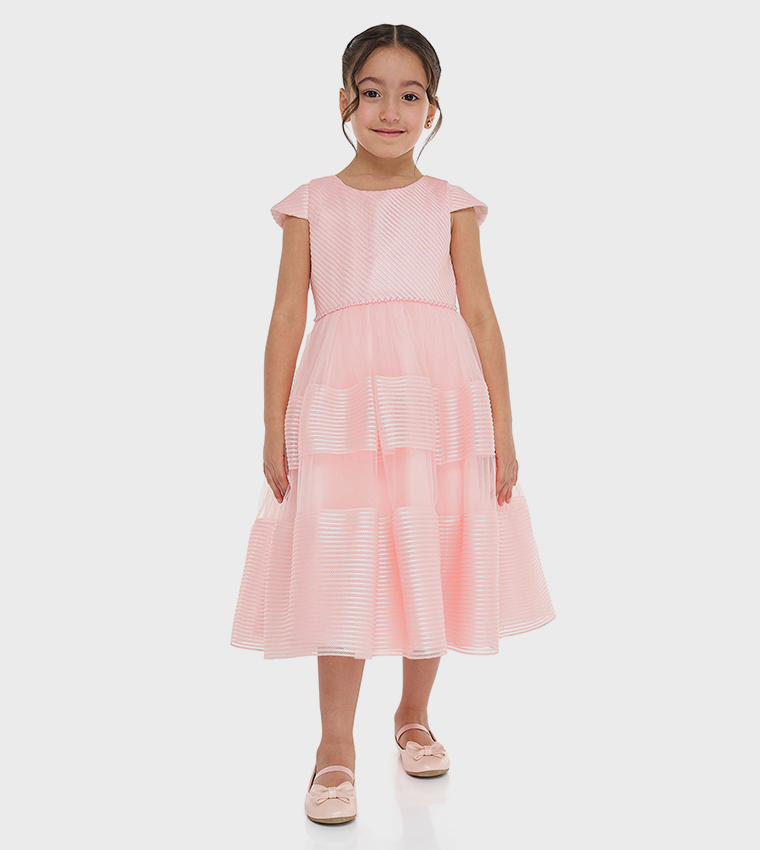 Textured Cap Sleeves Fit and Flare Dress