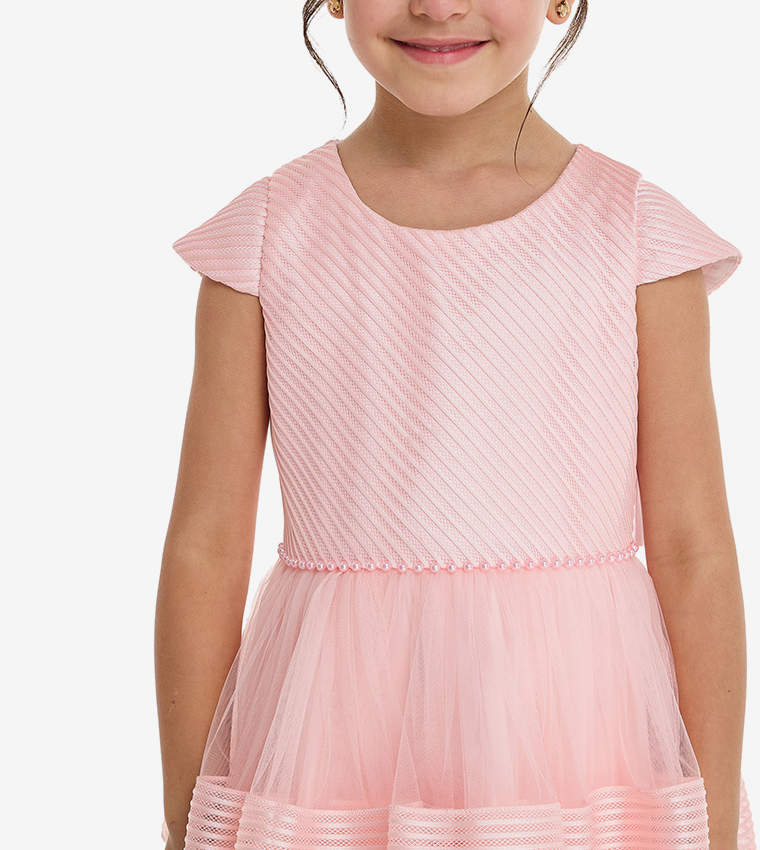 Textured Cap Sleeves Fit and Flare Dress