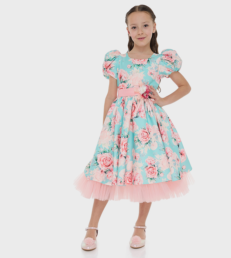 Floral Printed Satin Fit and Flare Dress