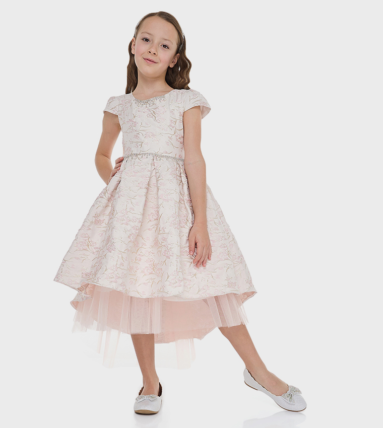 Jacquard Cap Sleeves High-Low Dress