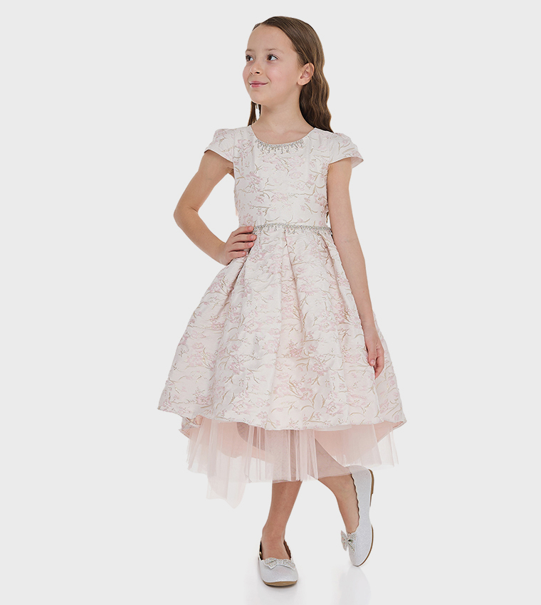 Jacquard Cap Sleeves High-Low Dress