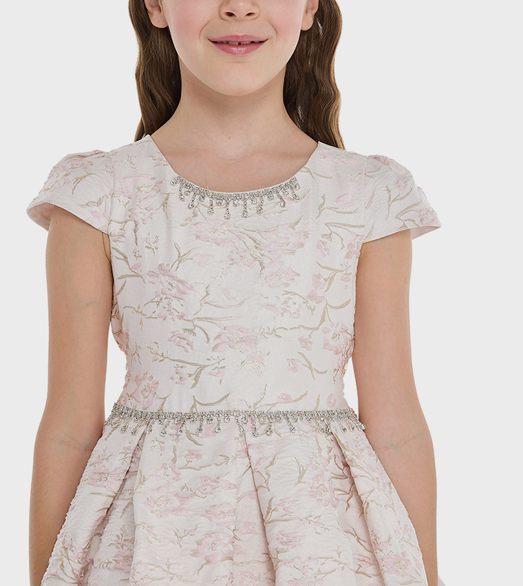Jacquard Cap Sleeves High-Low Dress