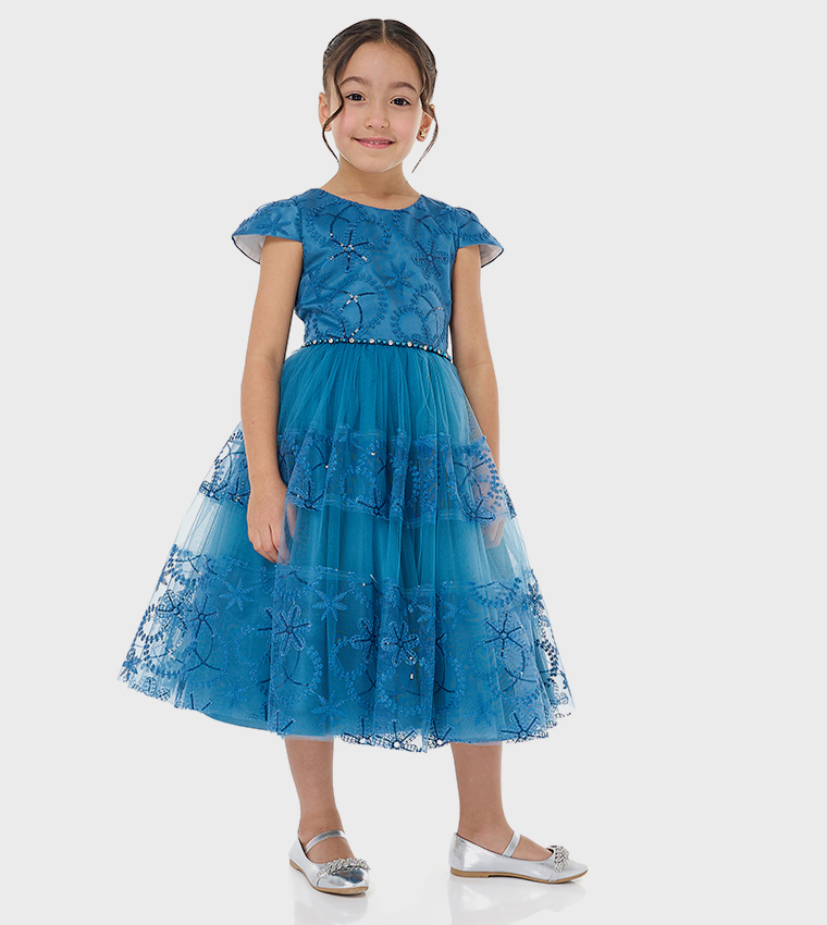 Lace Detail Cap Sleeves Tulle Dress