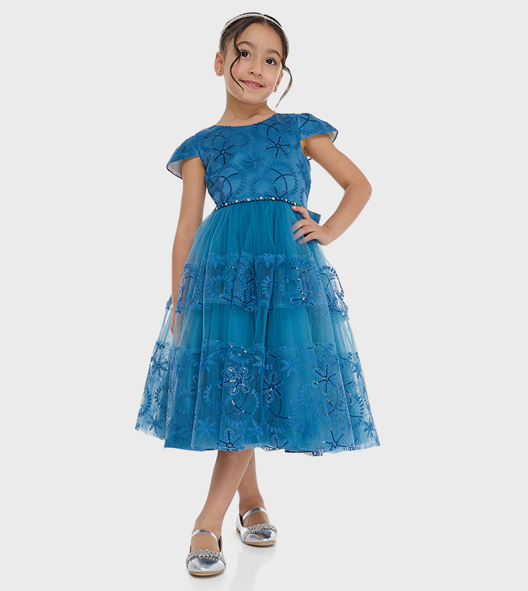 Lace Detail Cap Sleeves Tulle Dress